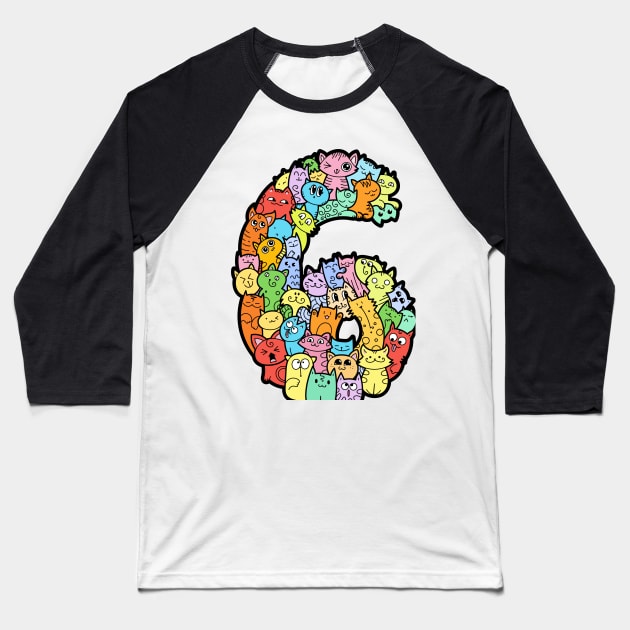 Number 6 six - Funny and Colorful Cute Monster Creatures Baseball T-Shirt by funwithletters